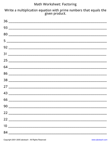 Worksheet: Factoring (elem/upper elem/middle)