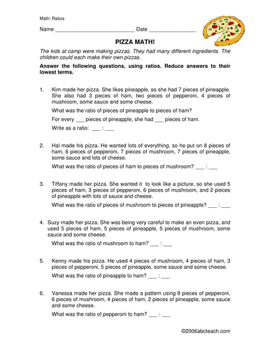 Worksheet: Ratios and Pizza (upper elem/middle)