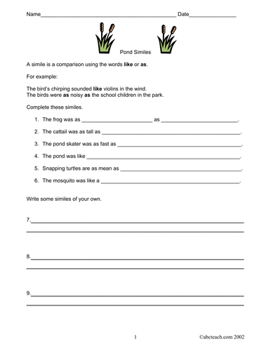 Worksheets: Ponds and Language Arts (elementary)