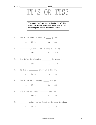 Worksheets: Its or It's? (elementary)