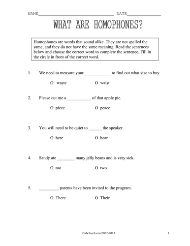 Worksheets: Homophones (elem)