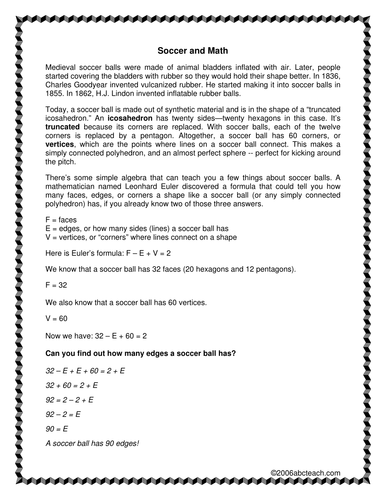 Worksheet: Algebra - Euler & Soccer (upper elem/middle)