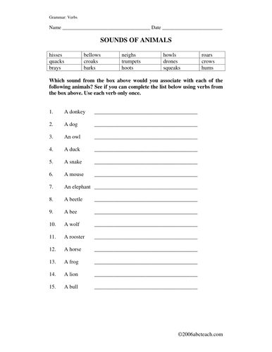 Worksheet: Verbs - Animal Noises (upper elem)