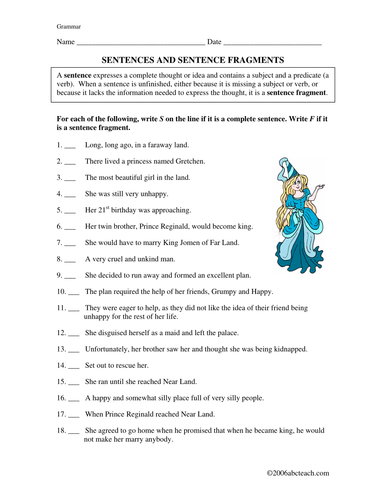 Worksheet: Grammar - Sentences (upper elementary)