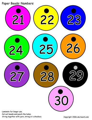 Paper Beads: Numbers 21 - 30 (color)