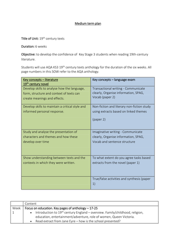 19th century texts scheme of work