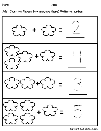 Worksheet: Addition to 10 - Flower theme (pre-k)