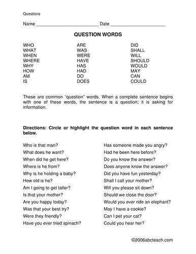 Worksheet: Question Words (elementary)