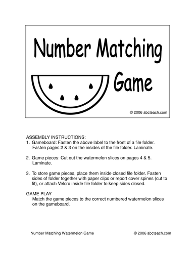 Board Game: Watermelon Number Matching (preschool) -b/w