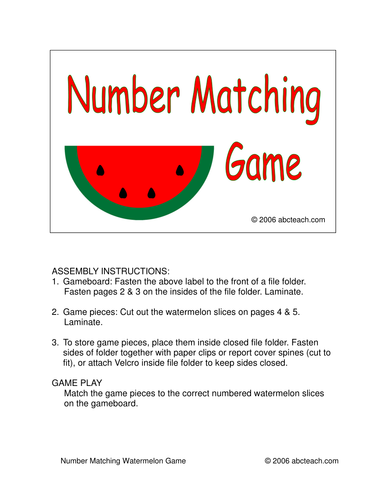 Board Game: Watermelon Number Matching (preschool) -color