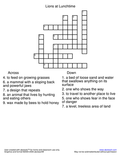 Crossword: Lions at Lunchtime (primary)