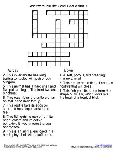 Learning Center: Coral Reef - Crossword Puzzle (upper elem)