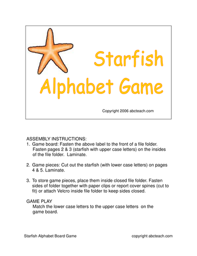 Board Game: Alphabet Starfish (preschool) -color