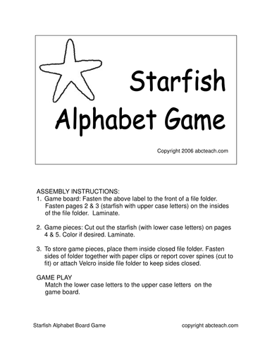 Board Game: Alphabet Starfish (preschool) - b/w