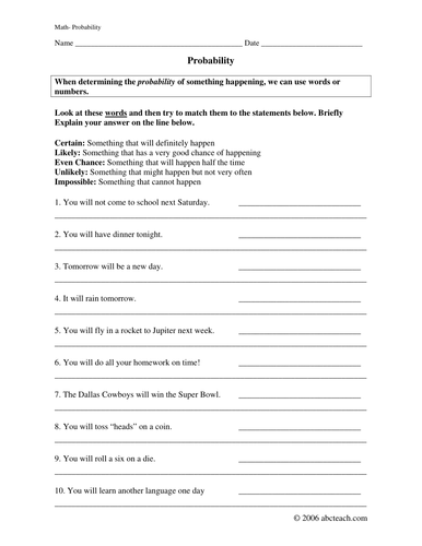 Worksheets: Probability (upper elem/middle)