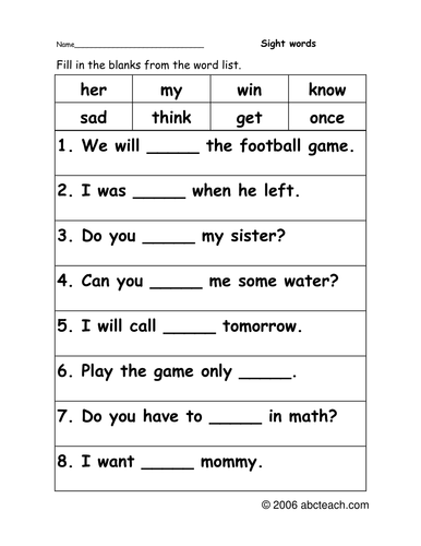 Worksheet: Sight Word Cloze (primary)