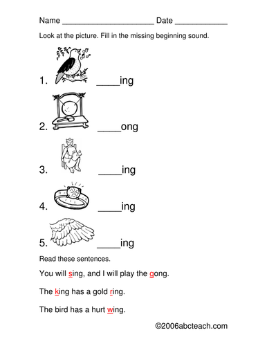 Worksheet: Beginning Sound (_ng words)