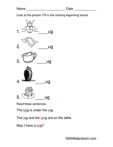 Worksheet: Beginning Sound (_ug words)