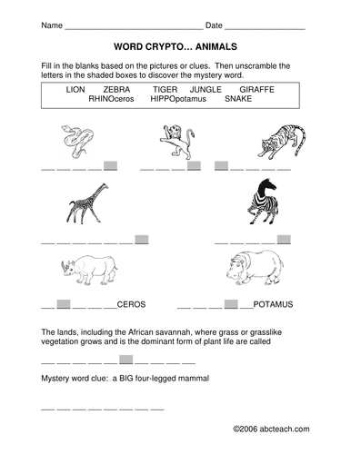 Word Crypto: Grasslands Animals (primary/elem) -clues