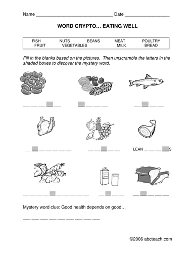 Word Crypto: Nutrition theme (primary/elem) - clues