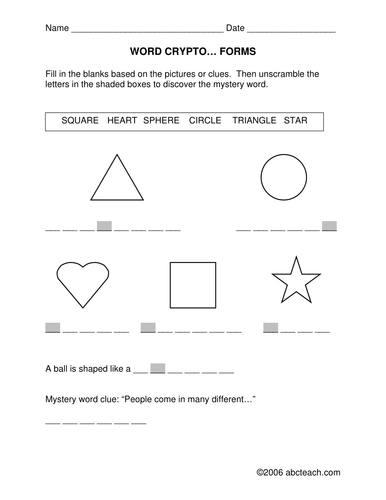 Word Crypto: Shapes theme (primary/elem) -clues