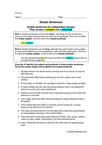 Worksheets: Grammar- Simple Sentences (elem/upper elem)