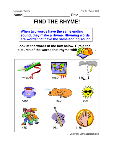 Worksheets: Rhyming Words 8 (primary)