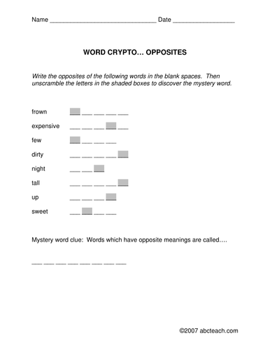 Word Crypto: Antonym theme (elem/ upper elem)