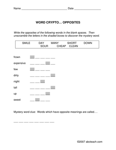 Word Crypto: Antonym theme (elem)