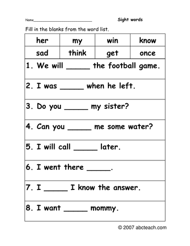 Worksheet Cloze Sight Words Pre K Primary Teaching Resources