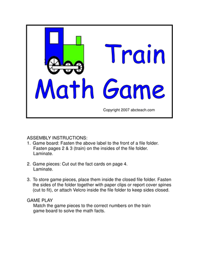 Board Game: Train Addition (primary) -color