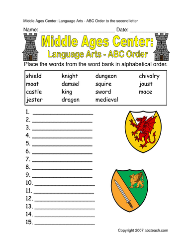 Worksheet: ABC Order - Medieval Theme (elem)