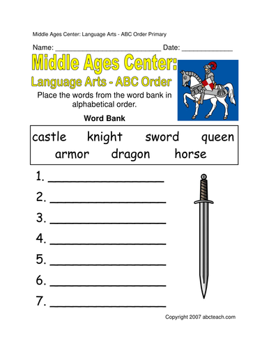 Worksheet: ABC Order - Medieval Theme (primary)