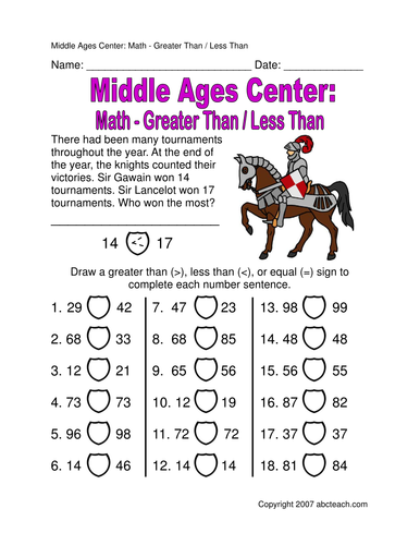 Worksheet: Medieval "Greater Than/Less Than" (elem)