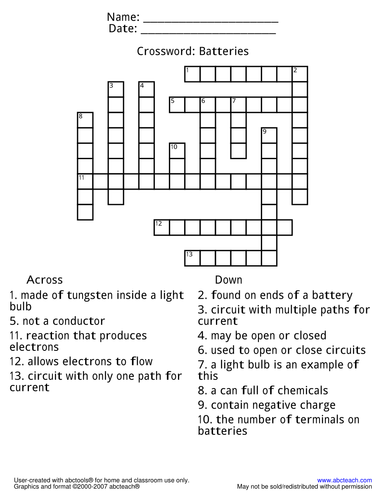 Crossword: Batteries (upper elem/middle) Teaching Resources