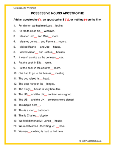 Worksheet: Apostrophes Possessives (elem/upper) Teaching Resources