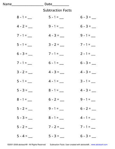 Worksheet: Subtraction - facts up to 9