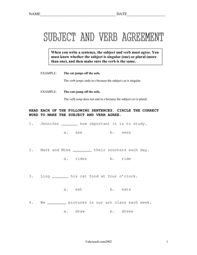 Worksheets: Subject/ Verb Agreement (upper elem)