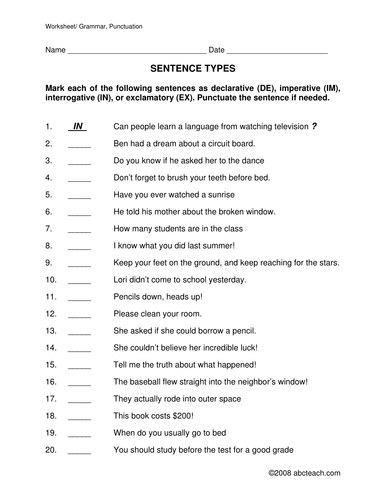 Worksheet: Sentence Types (upper elem)