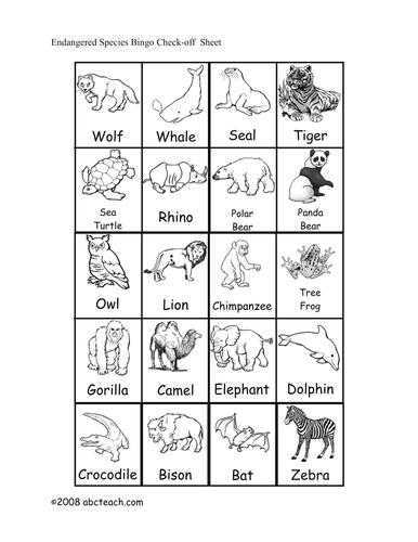 Bingo Cards: Endangered Animals (primary/elem) - check sheet