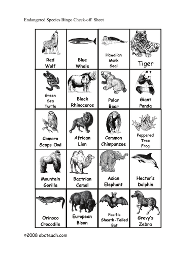 Bingo Cards: Endangered Animals (elem/upper elem) - check sheet