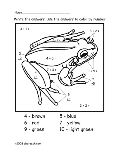 Addition: Color by Number - Adding to Ten - Frog (primary)