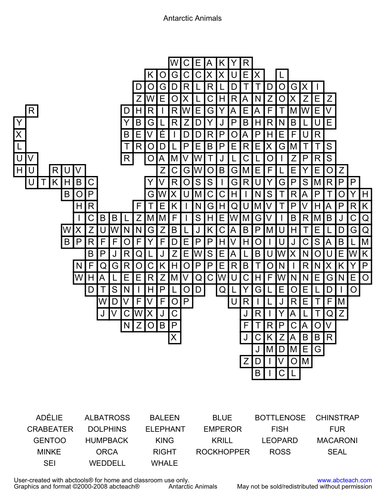 Word Search: Antarctic Animals (upper elem)