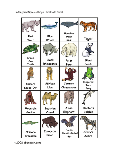 Bingo Cards: Endangered Animals (elem/upper elem) - check sheet �color