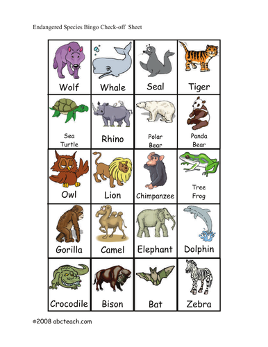 Bingo Cards: Endangered Animals (primary/elem) - check sheet color ...