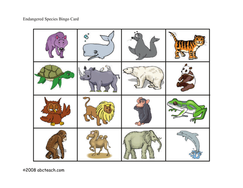 Bingo Cards: Endangered Animals (elem/upper elem) - color