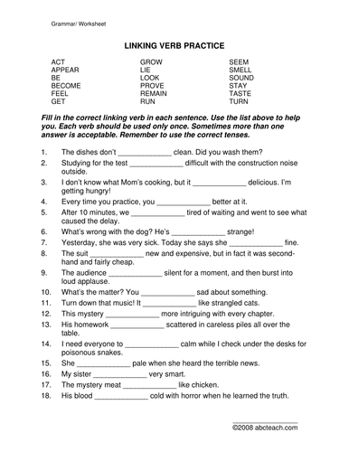 Worksheet: Linking Verbs (upper elem)