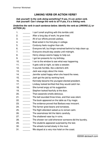 Worksheet: Linking Verb or Action Verb? (upper elem)