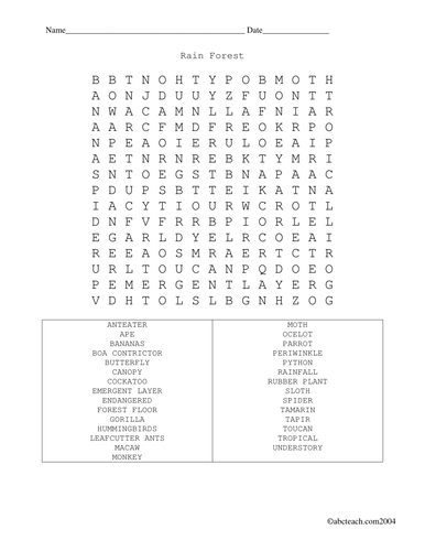 Word Search: Rain Forest (upper elementary)