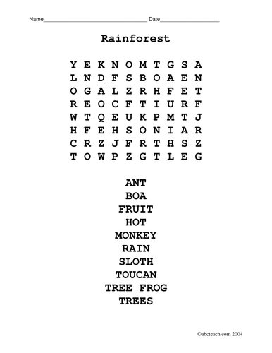 Word Search: Rain Forest (elementary)